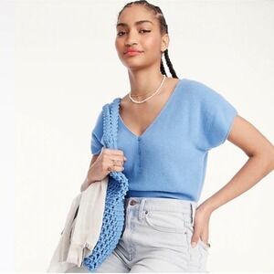 J. Crew 100% Cashmere Featherweight Short Sleeve V-Neck Sweater Blue Womens L